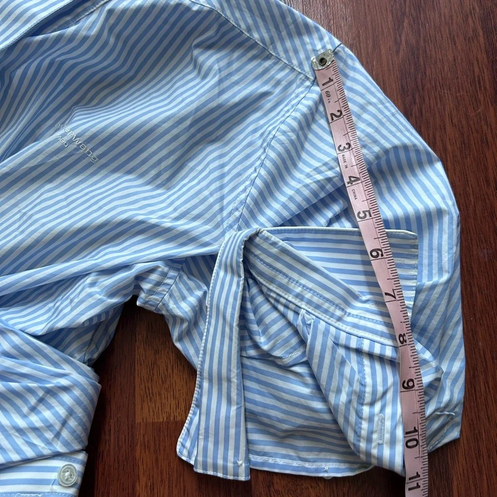 SOLD! Alexander Wang Off Shoulder Asymmetric Striped Mesh Accent Poplin Top 2 - Picture 15 of 17